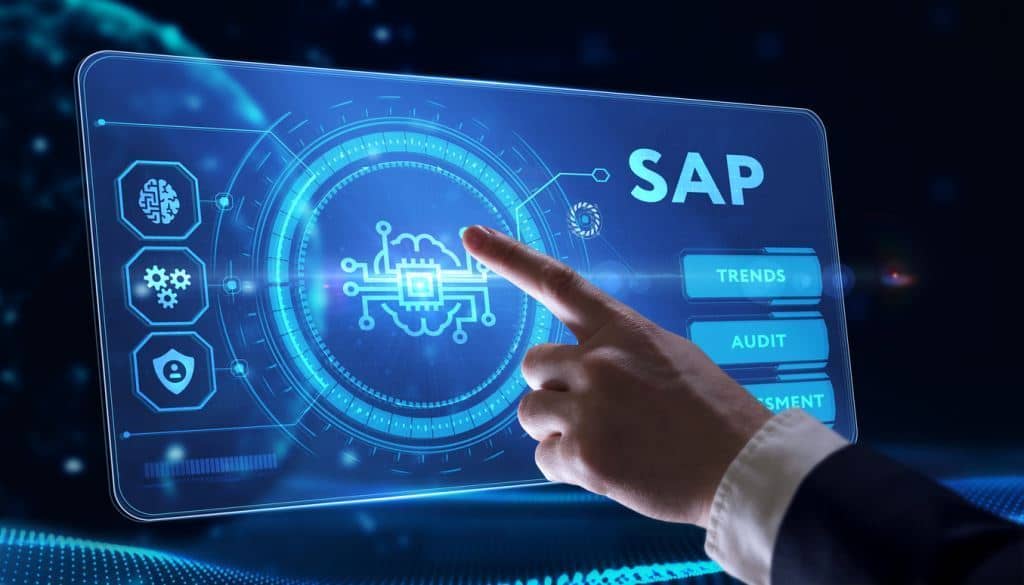 Finger pointing at a digital interface displaying SAP software functionalities and icons representing trends, audit, and assessment.